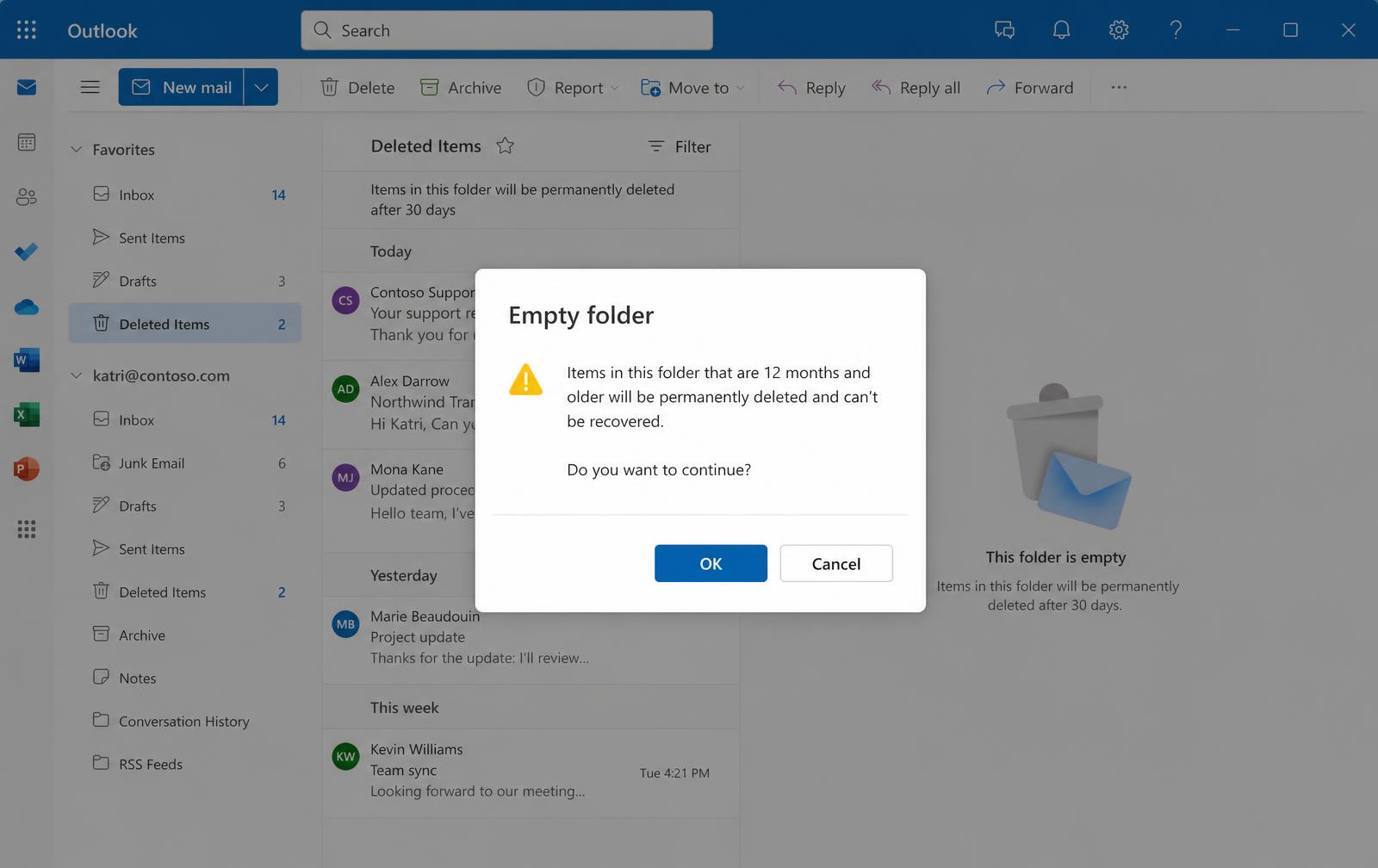Outlook confirmation dialog warning that items 12 months and older will be permanently deleted, with OK and Cancel buttons.