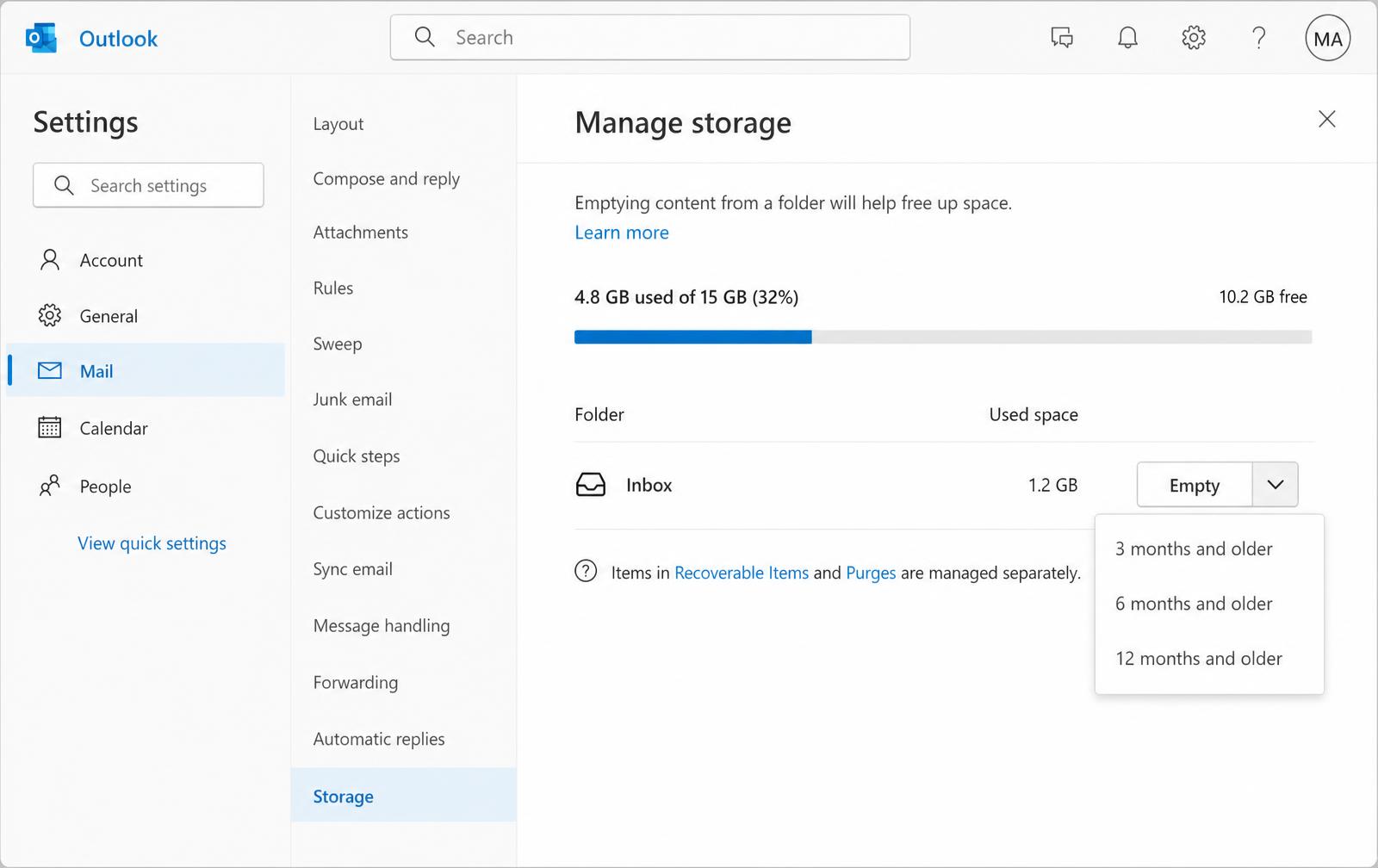 Outlook Settings showing the Manage storage page with the Inbox row, an Empty button, and an open dropdown listing 3, 6 and 12 months and older.