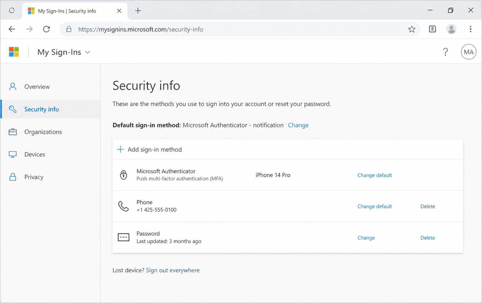 The Microsoft My Sign-Ins Security info page listing Authenticator app, phone and password sign-in methods.