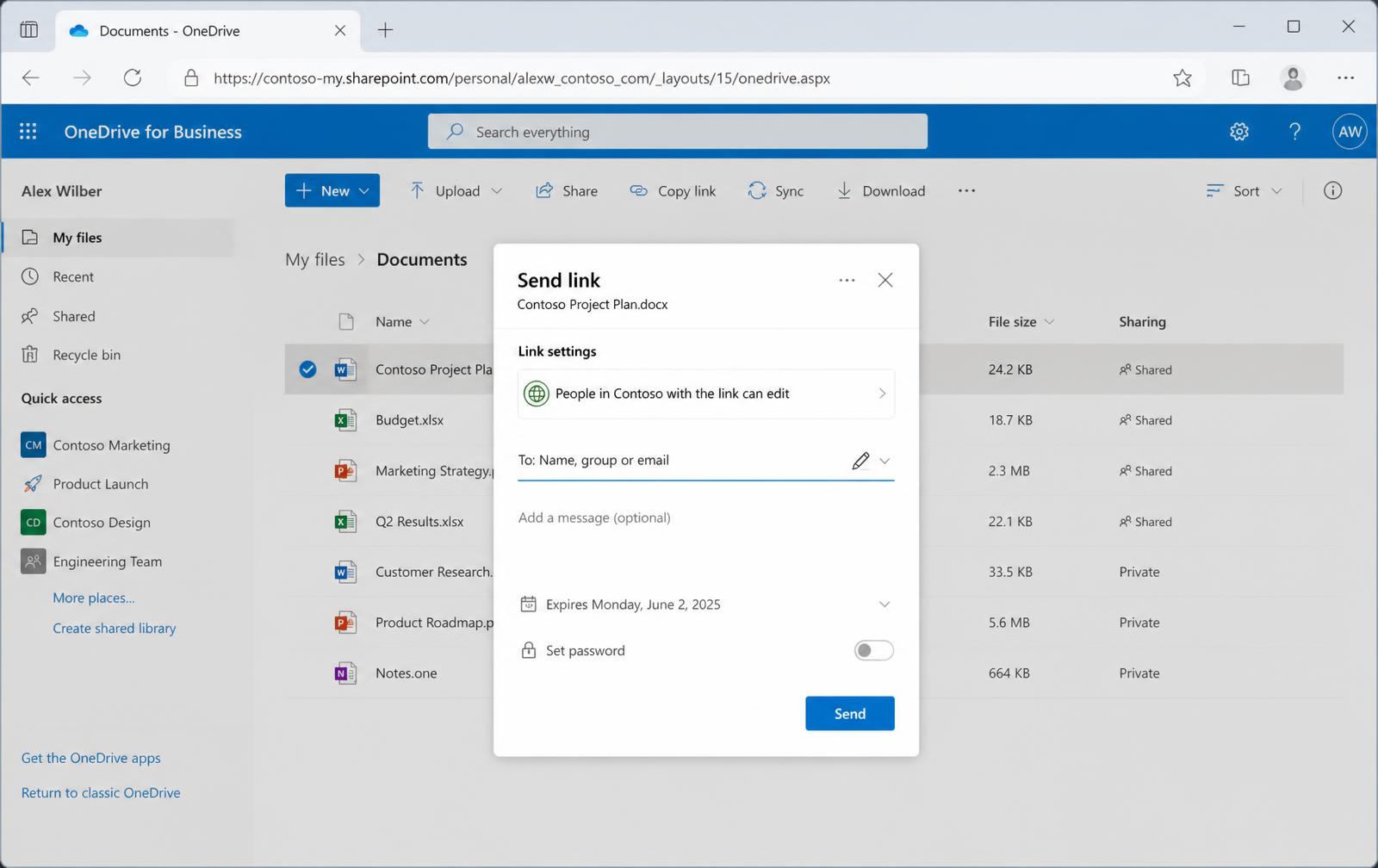 The OneDrive Send link dialog showing link settings, recipients, an expiry date and a password option.