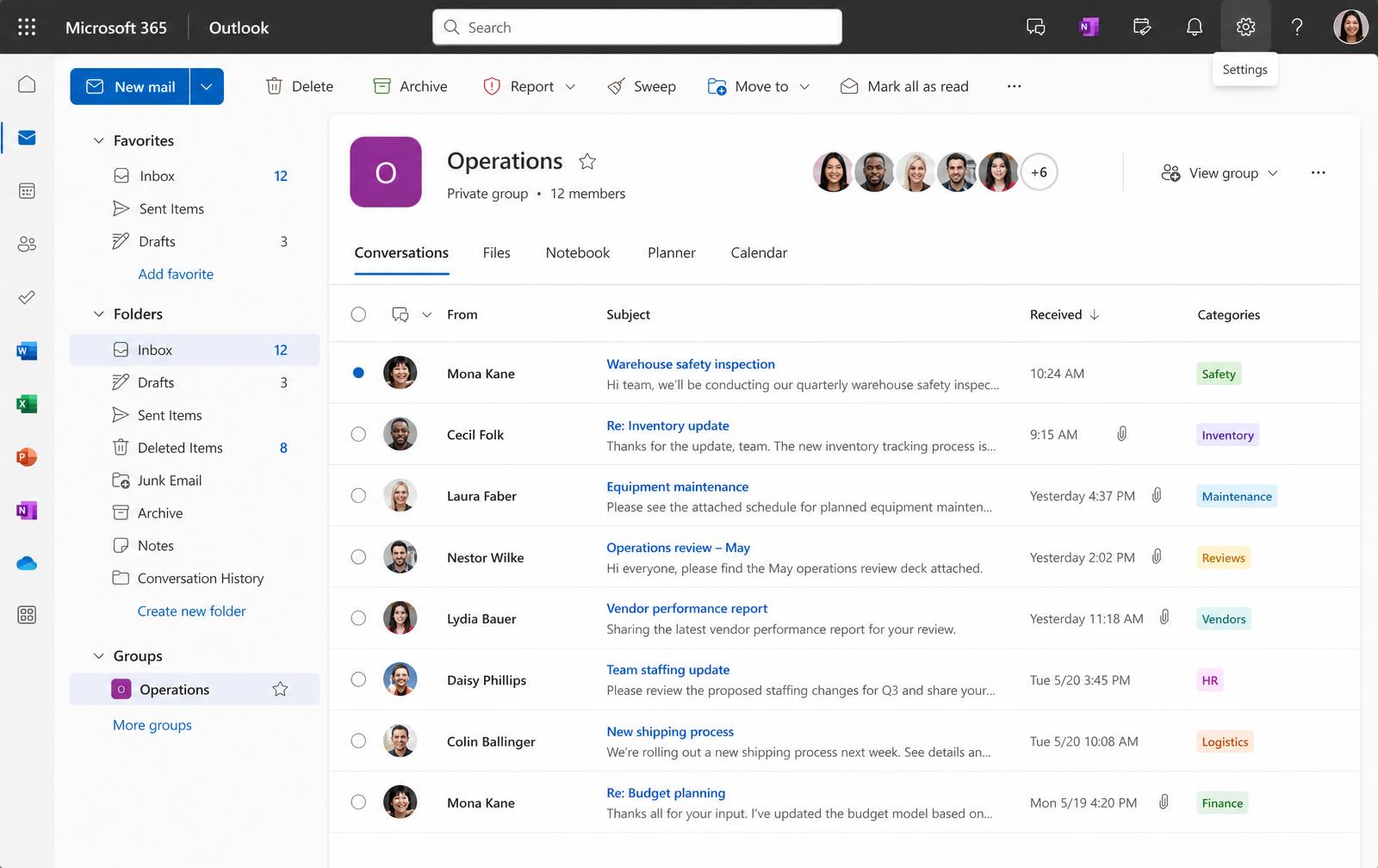 The Operations Microsoft 365 Group mailbox open in Outlook on the web with the Settings gear highlighted in the toolbar.
