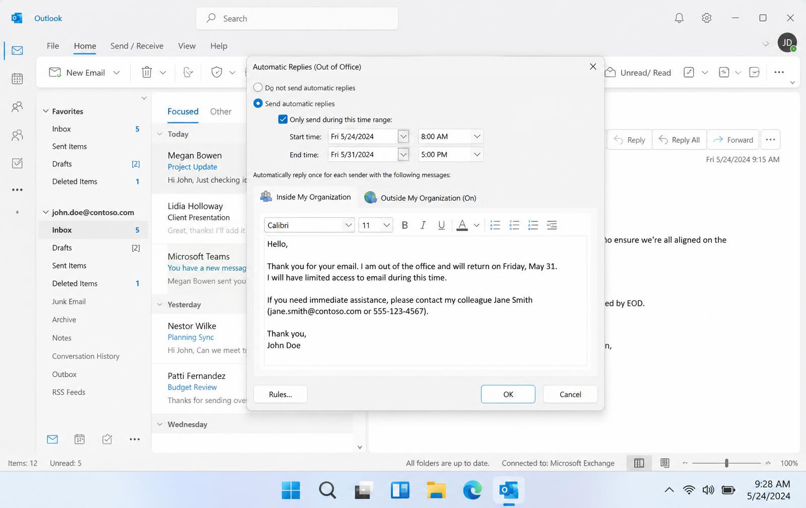 Outlook Automatic Replies (Out of Office) dialog with Send automatic replies selected and a date range set.