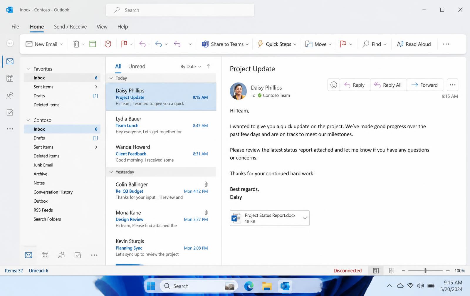 Outlook desktop inbox with the status bar in the bottom-right corner showing Disconnected in red.