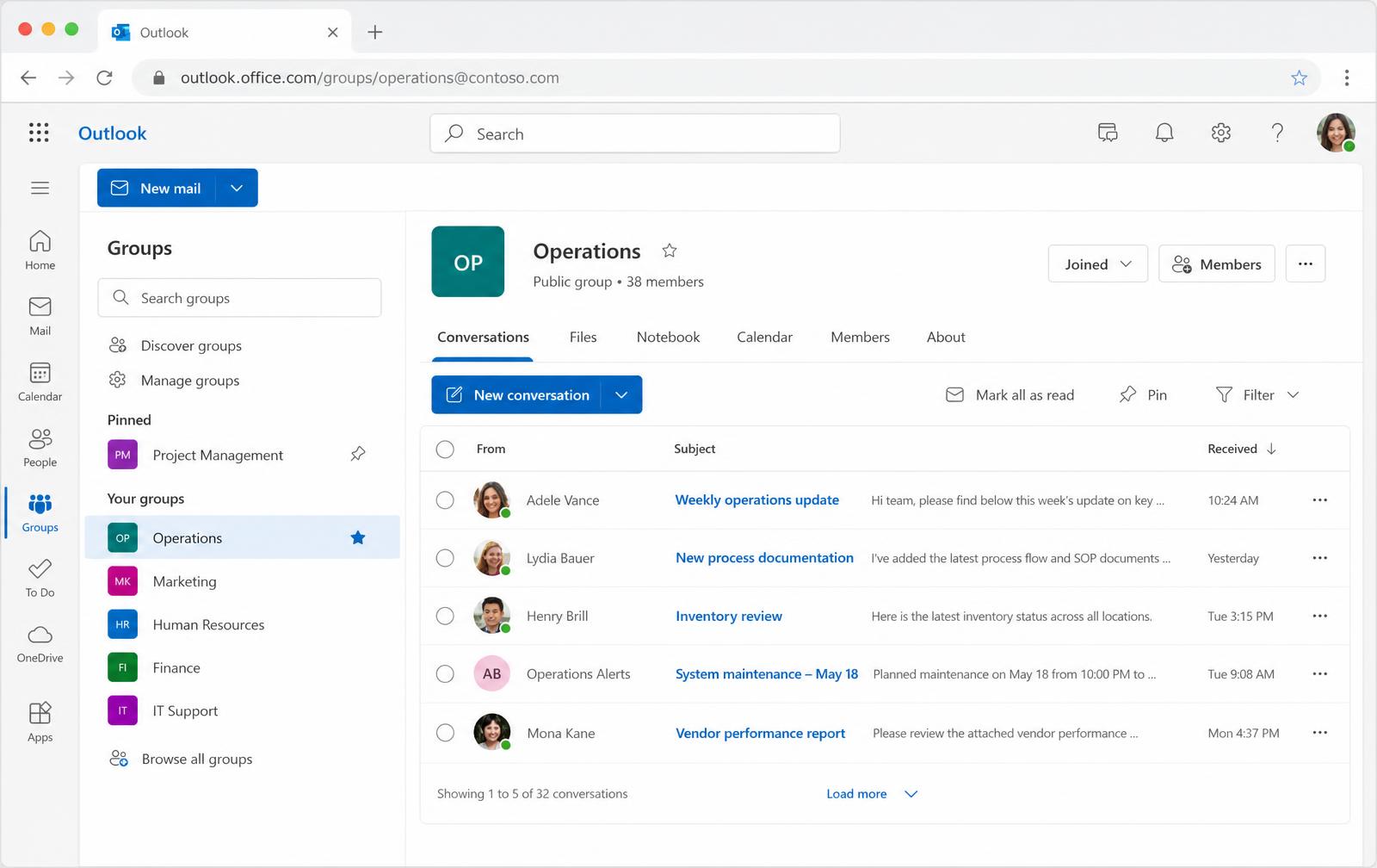 Outlook on the web Groups home page with the Groups list in the left navigation and the Operations group selected.
