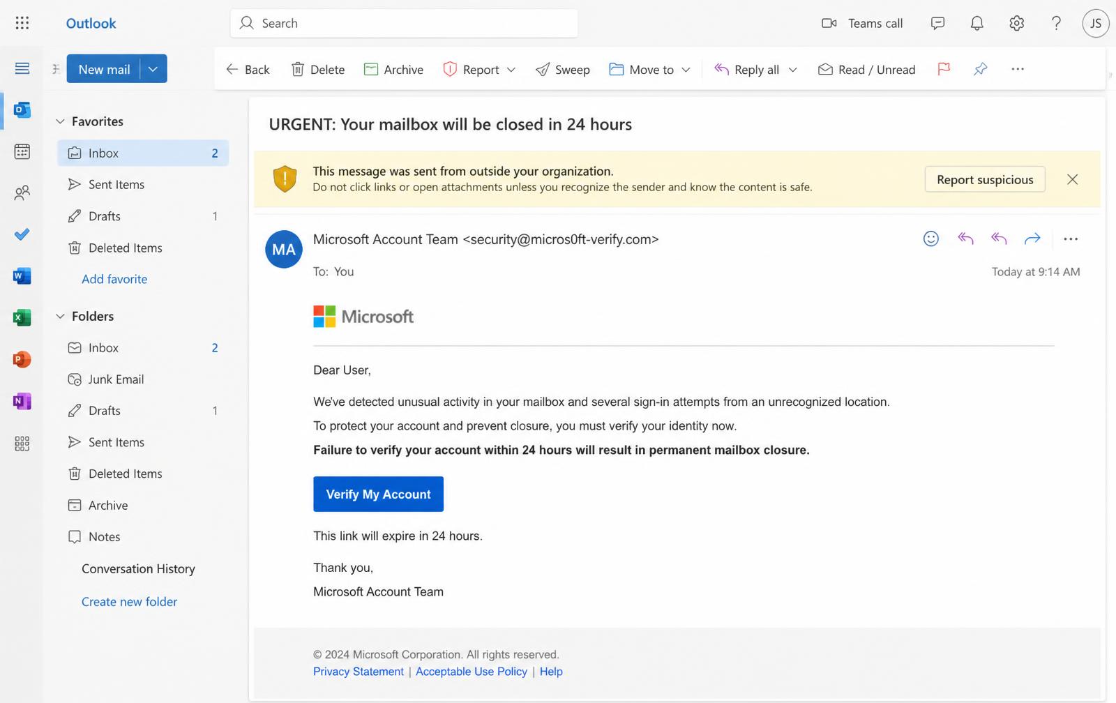 A phishing email in Outlook with an external sender banner, a lookalike sender domain and an urgent Verify My Account button.