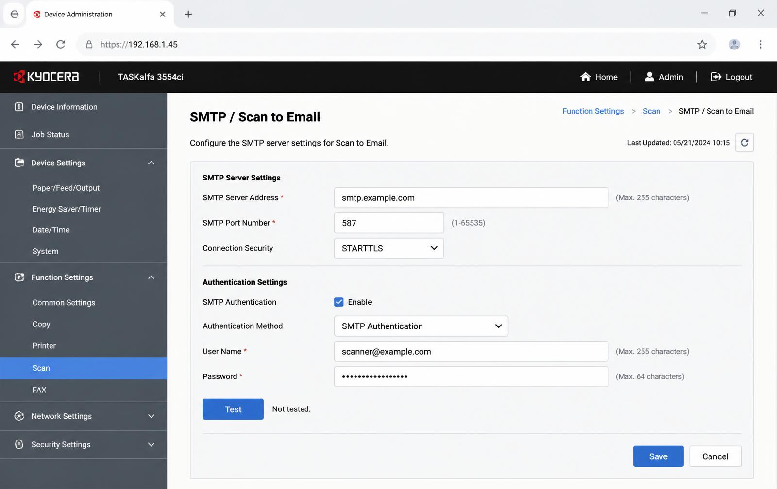 A multifunction printer's web admin page showing SMTP scan-to-email server, port, security and authentication settings.