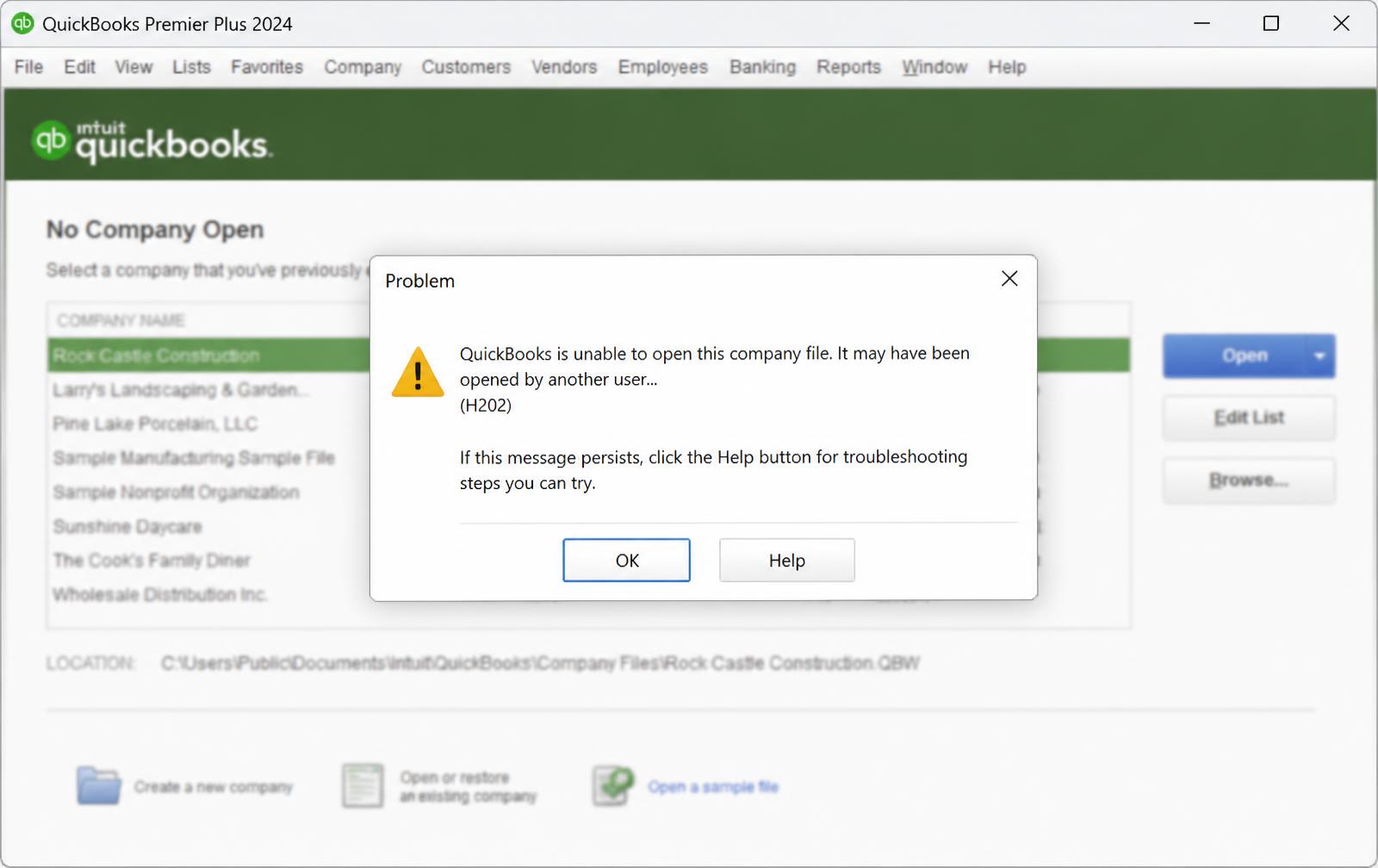 QuickBooks Desktop error dialog stating it is unable to open the company file, with error code H202.