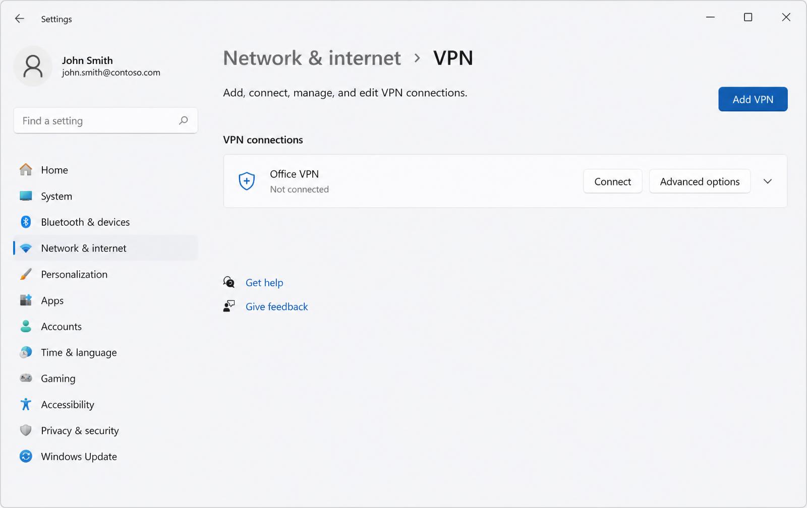 Windows 11 Settings VPN page with one VPN connection and Connect and Advanced options buttons.