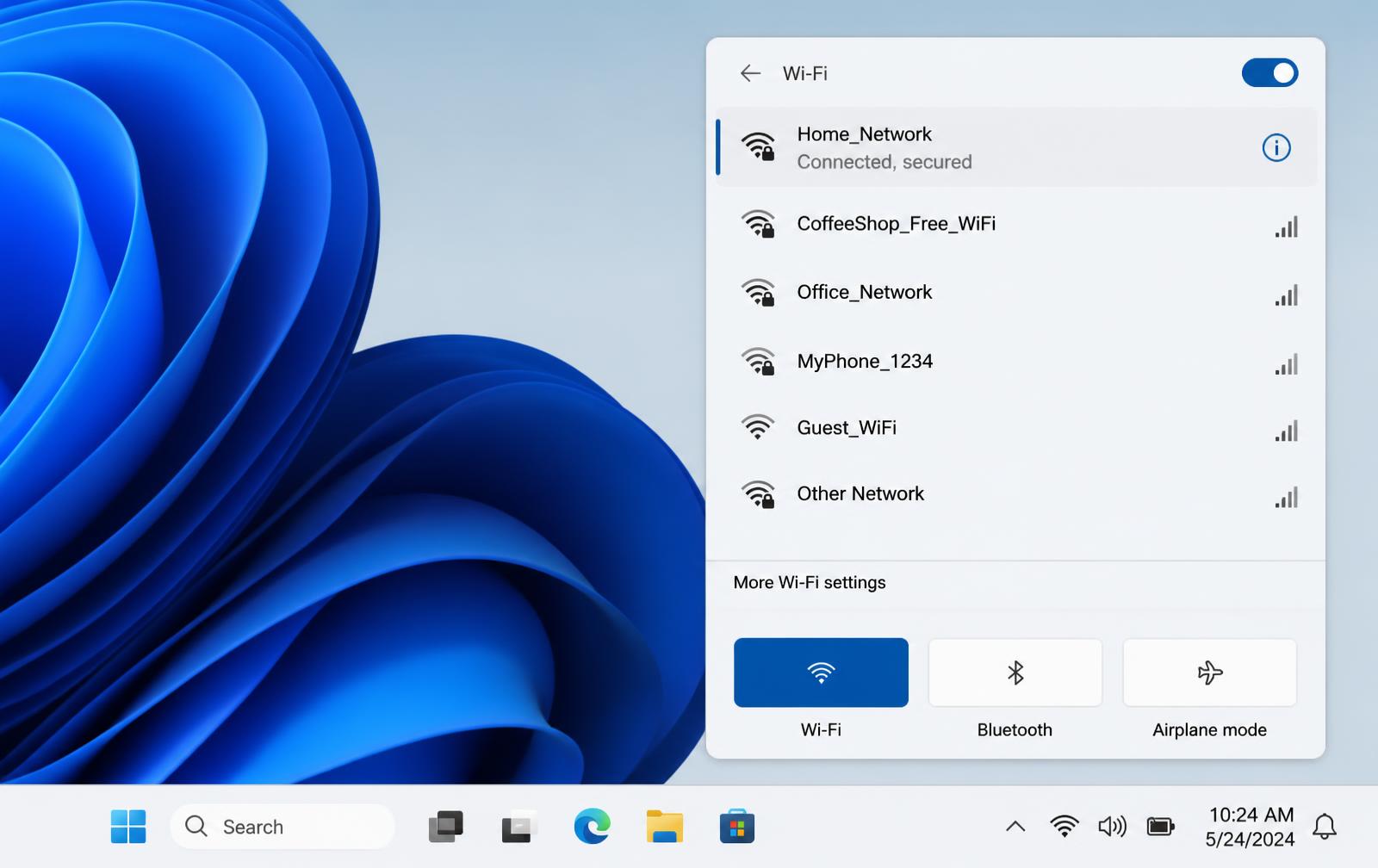Windows 11 Wi-Fi flyout listing nearby networks with one showing Connected, secured.