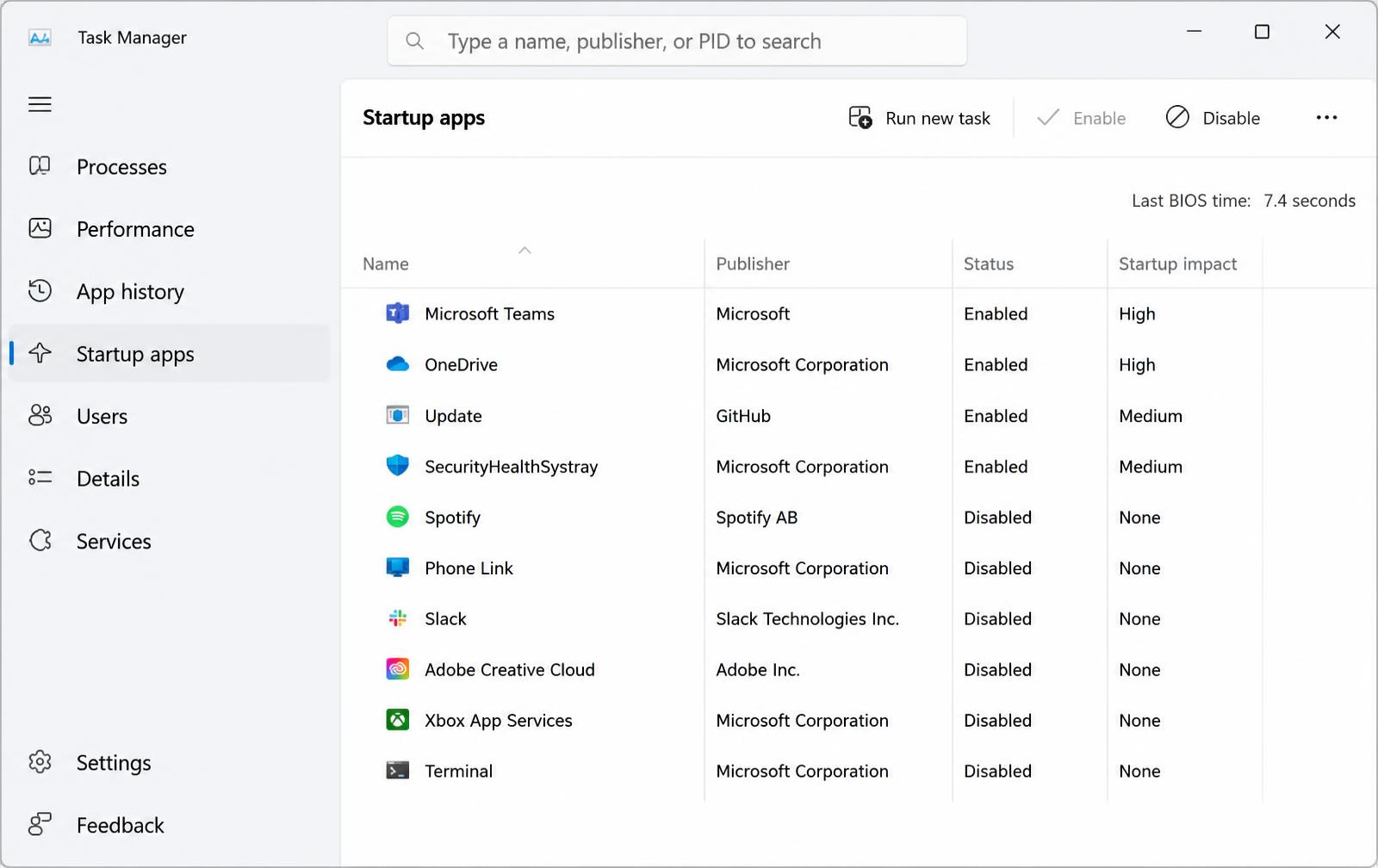 Windows 11 Task Manager showing the Startup apps tab with startup impact ratings.